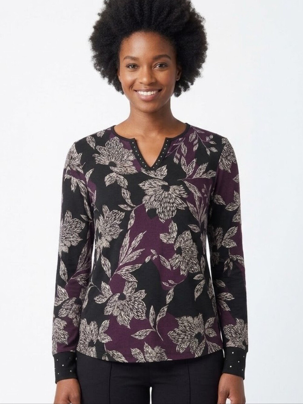 Chico's Floral Long Sleeve Top in Black and Purple